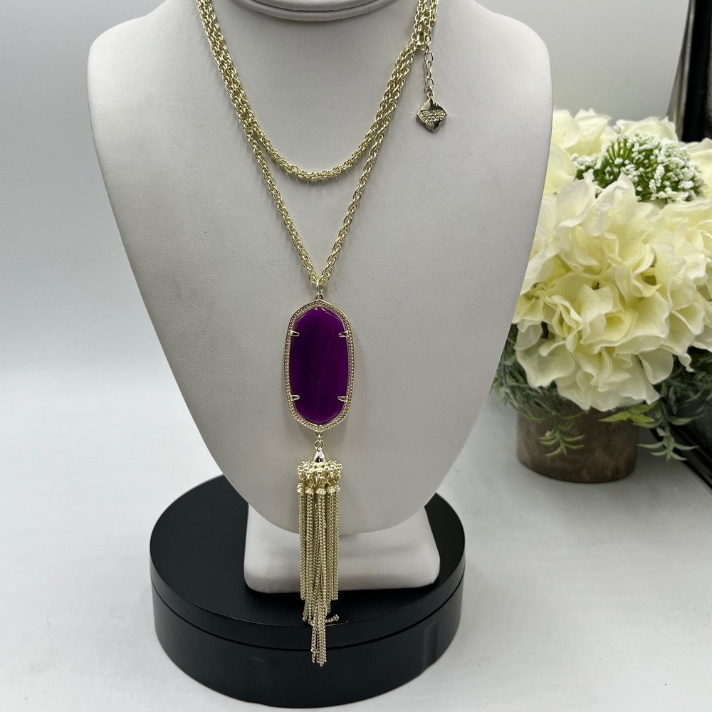 Kendra Scott‎ Rayne Purple Stone Gold Plated Retired Tassel Fringe LEd Necklace